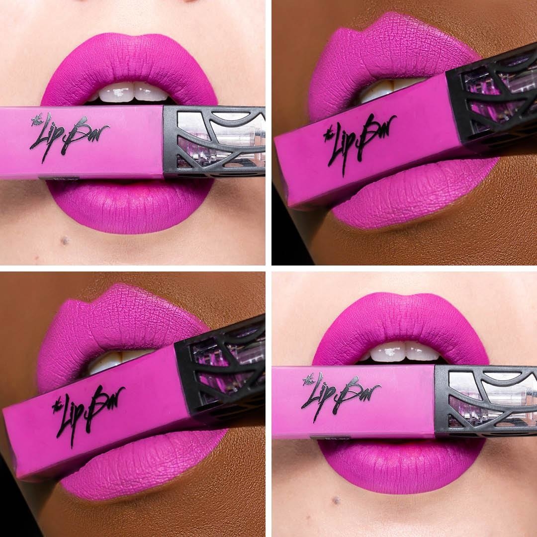 A quadrant of photos showing a closeup of different models wearing a bright pink lip