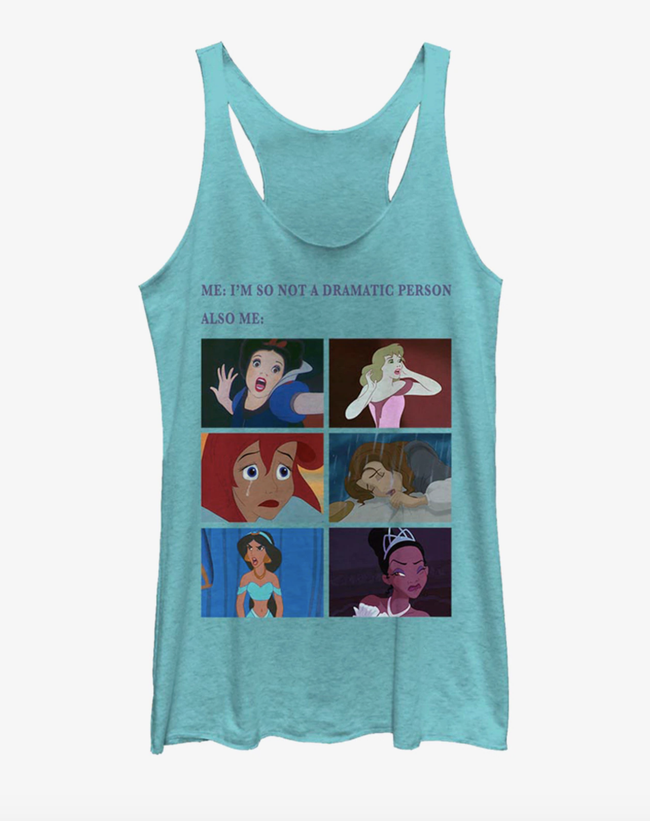 a light blue heathered tank with snow white, cinderella, ariel, belle, jasmine, and tiana on it crying or yelling and the words &quot;me: i&#x27;m so not a dramatic person, also me:&quot; on it