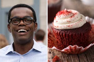 Chidi from the good place with a big smile on his face and a red velvet cupcake