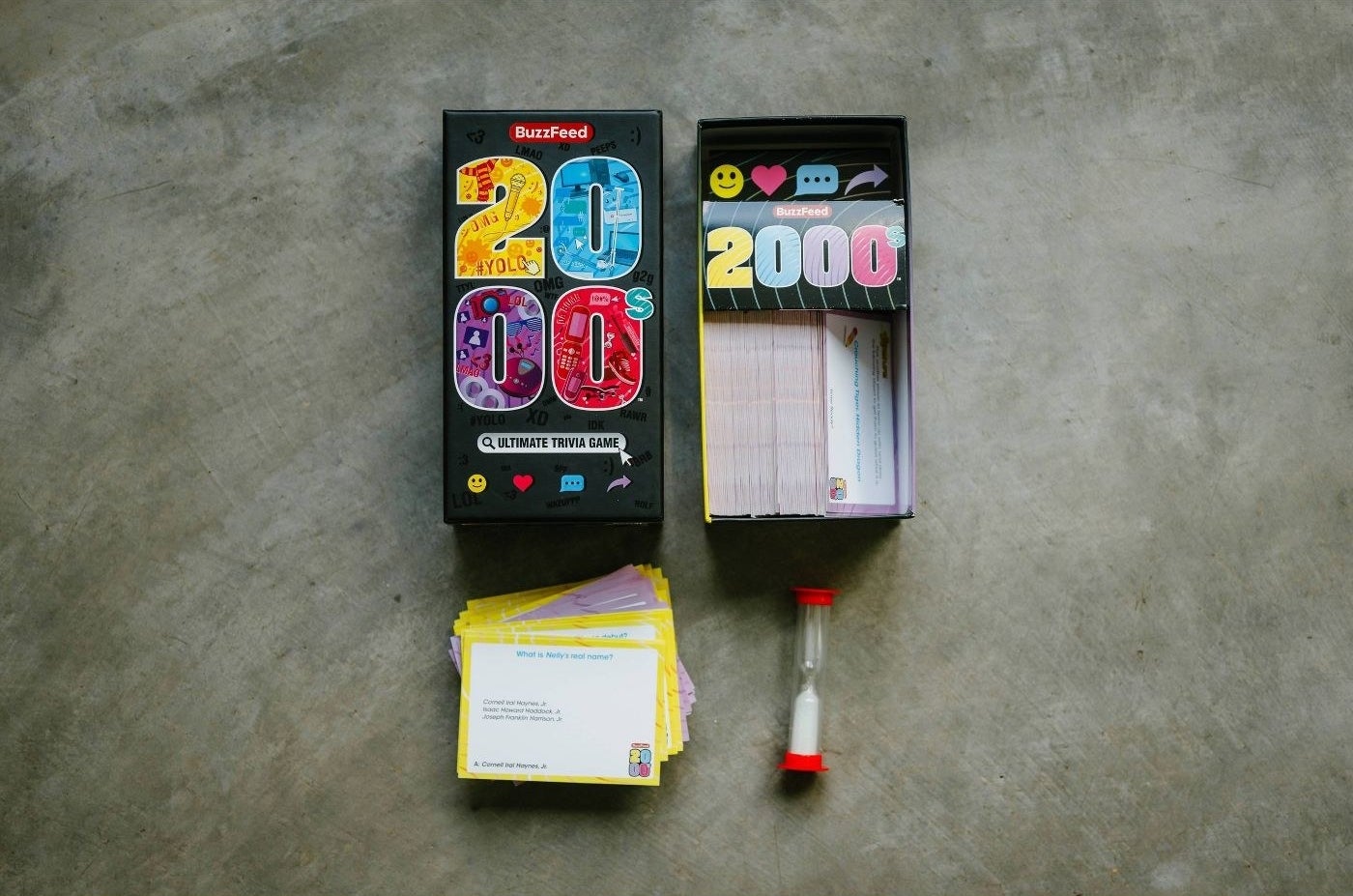 BuzzFeed 2000s Trivia box with cards and accessories.