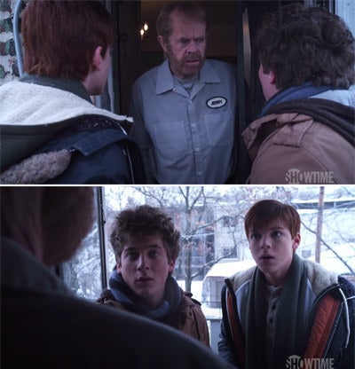 Lip and Ian being shocked by seeing Clayton, Frank's identical twin