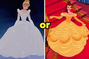 Cinderella next to Belle, both in ball gowns
