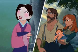 On the left, Mulan sings "Reflection," and on the right, Tarzan's parents hold baby Tarzan as they stand in a rain forest