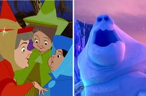 Flora, Fauna, and Merryweather from "Sleeping Beauty" on the left and Marshmallow the snow monster from "Frozen" on the right