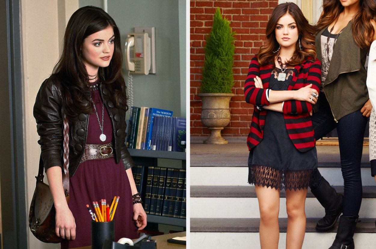 Aria wearing a dress with a leather jacket, and Aria wearing a dress with a striped sweater