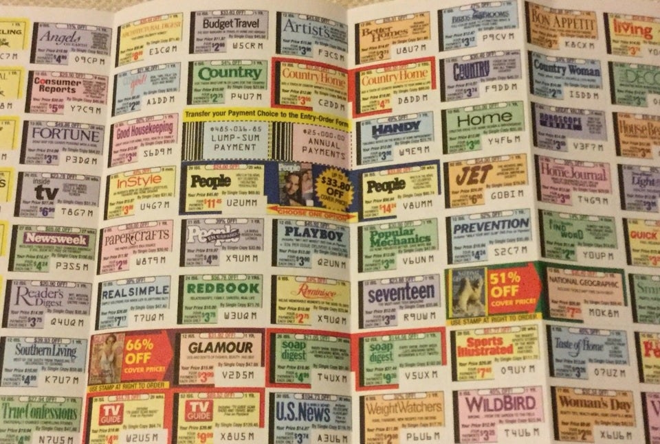 Stickers with magazine names on it that were used to order magazines from Publishers Clearing House.