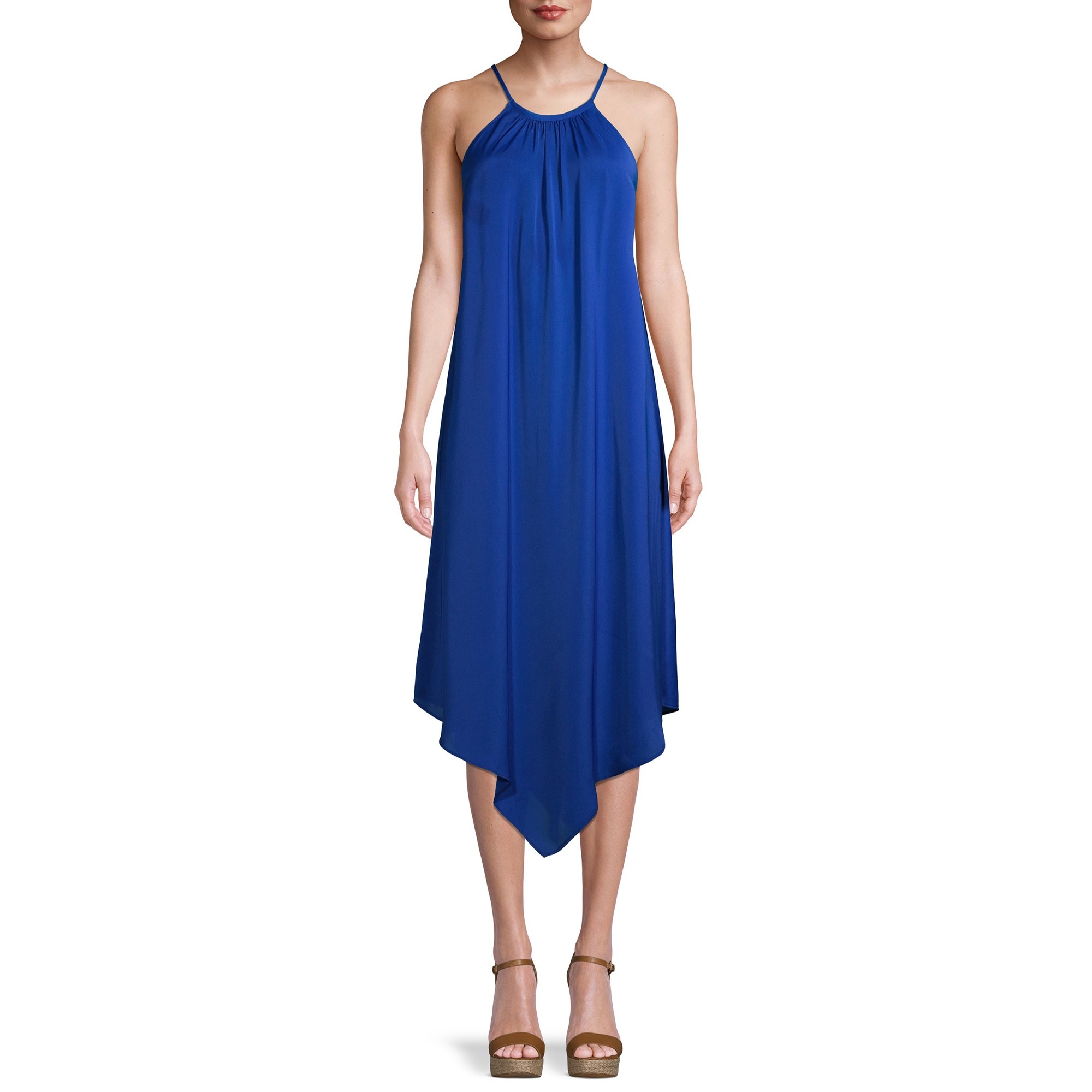 The blue halter midi dress with V-shaped hem