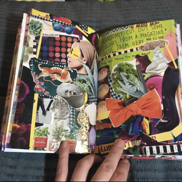 A page from the journal that says to cut out colors from a magazine and past them there 