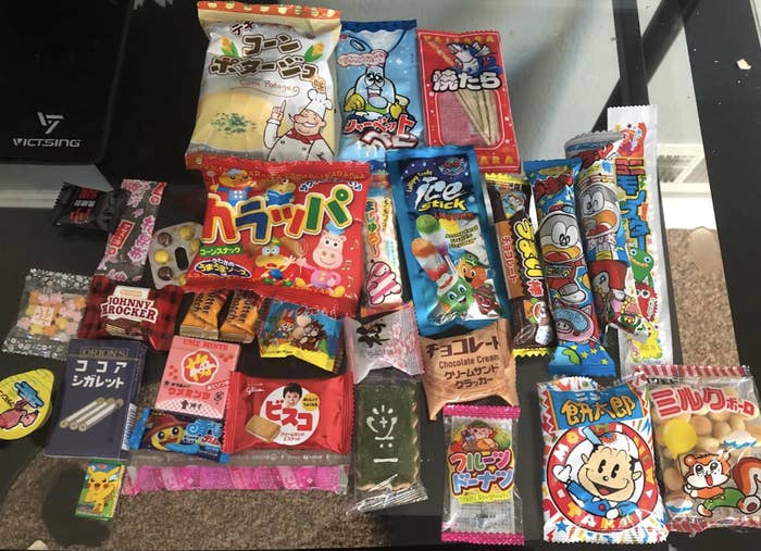 Japanese snacks laid out on a table 