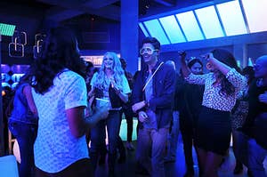 Frost (Danielle Panabaker), Barry Allen (Grant Gustin), Irist West-Allen (Candice Patton) and Cisco Ramon (Carlos Valdes) celebrating Frost's Birthday.