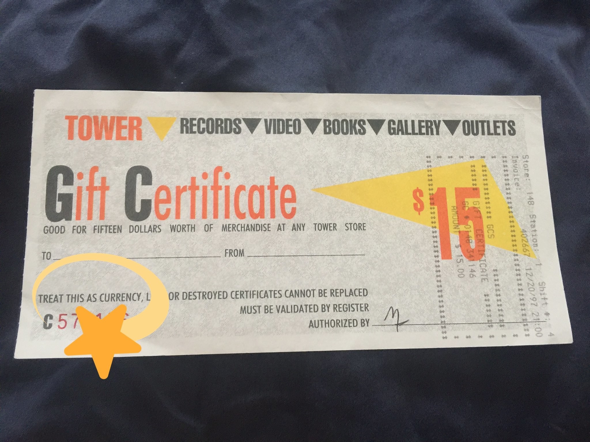 A $15 gift certificate to Tower Records.