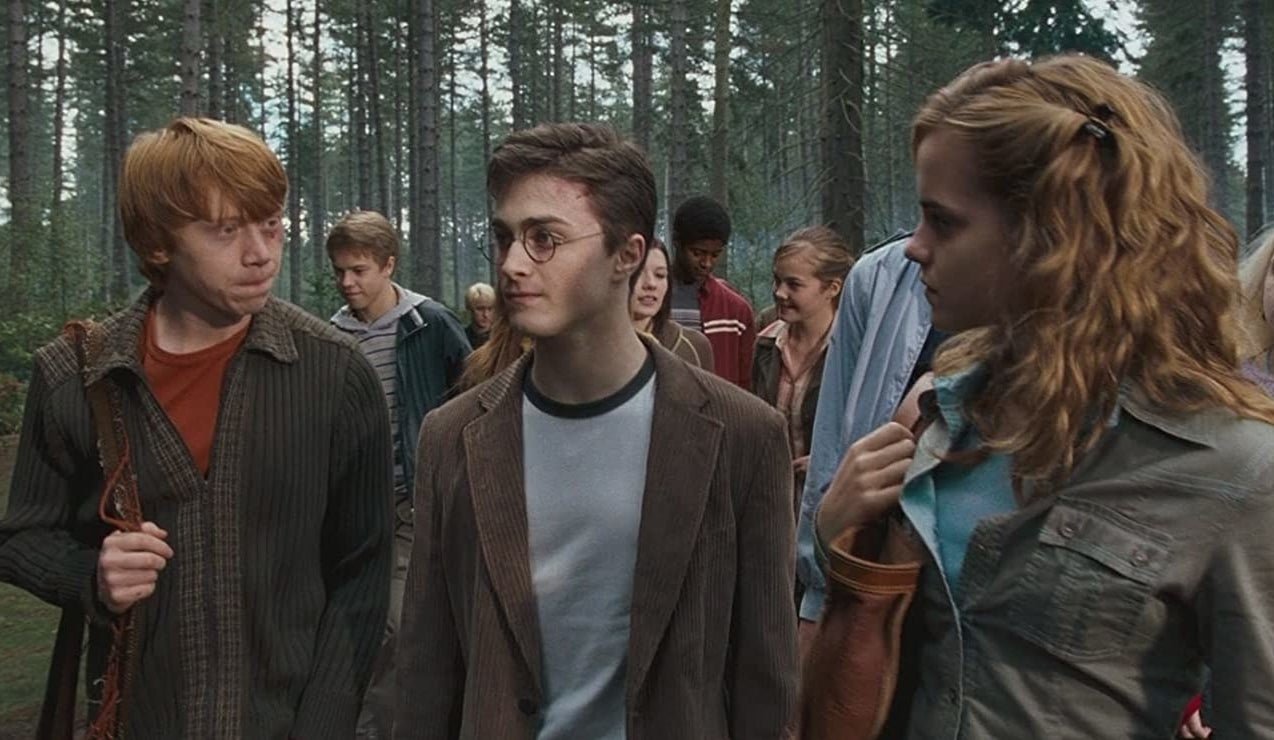 Harry, Ron &amp;amp; Hermione from the Harry Potter movies in a woodland clearing with some others