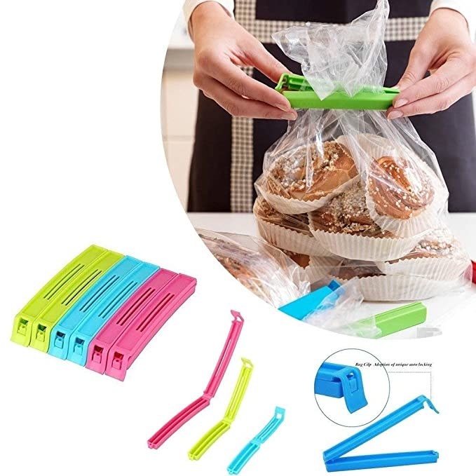 A person sealing a bag of baked goods with the sealing clips.