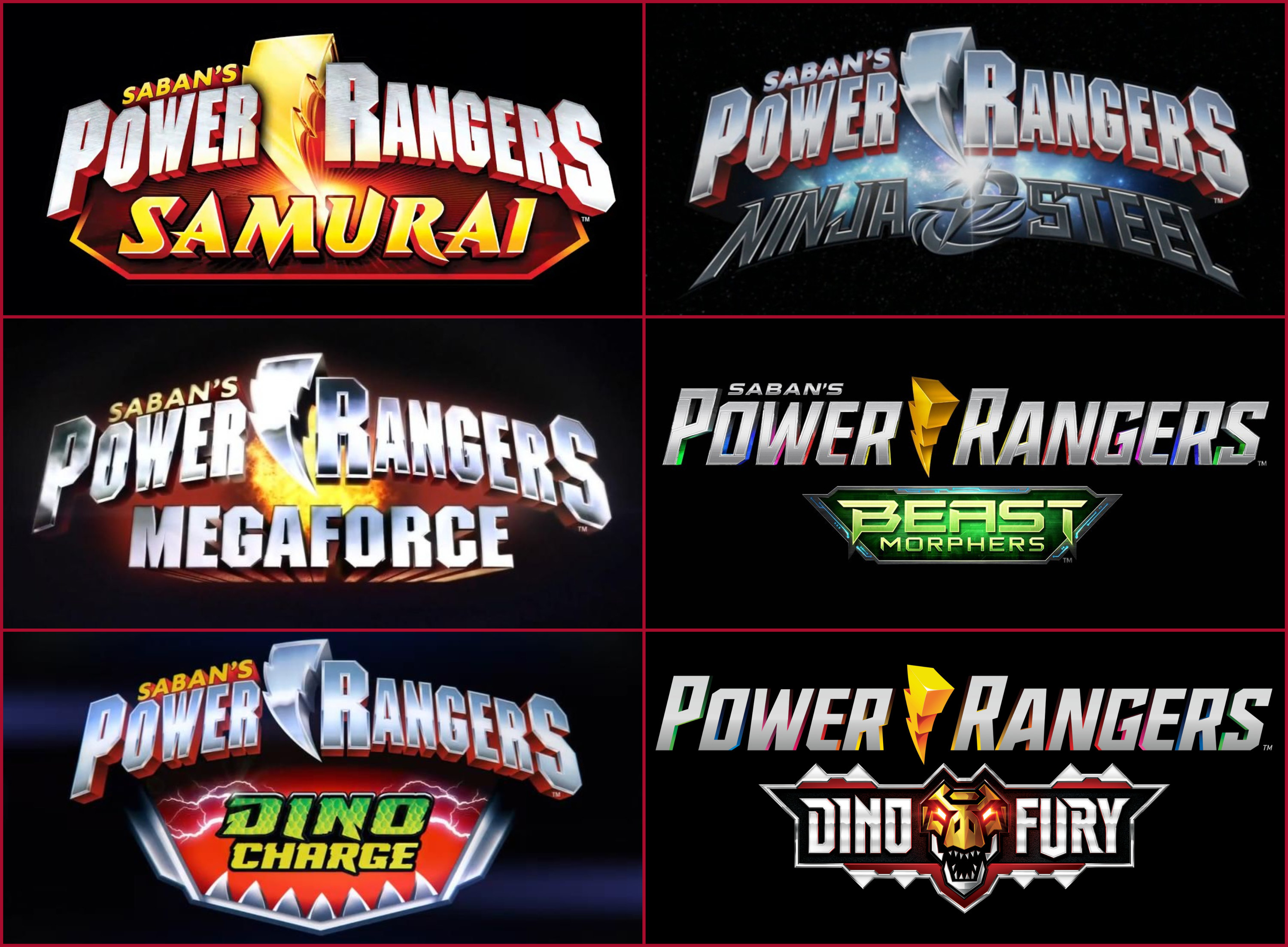 six different title cards for power rangers shows