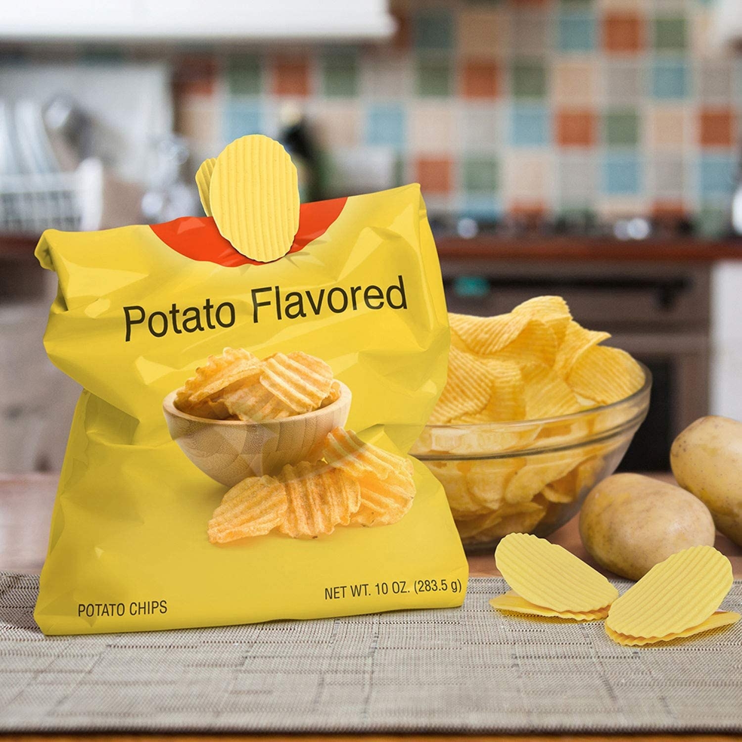 yellow chip-inspired clips holding a chip bag closed