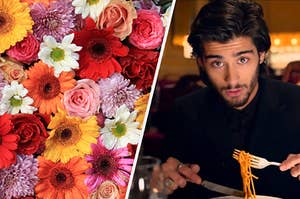 On the left, various wildflowers, and on the right, Zayn looks at the camera as he twirls spaghetti on his fork in the "Night Changes" music video
