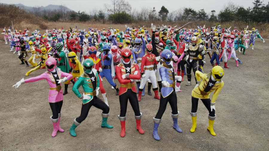 a crowd of power rangers