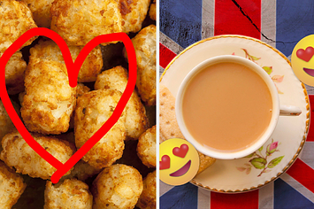 Tater tots with a heart drawn on the top next to a cup of English tea