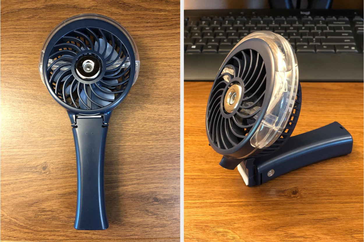 Side by side image of a dark blue misting fan in handheld and freestanding positions