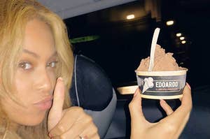 Beyonce giving a thumbs up to some ice cream