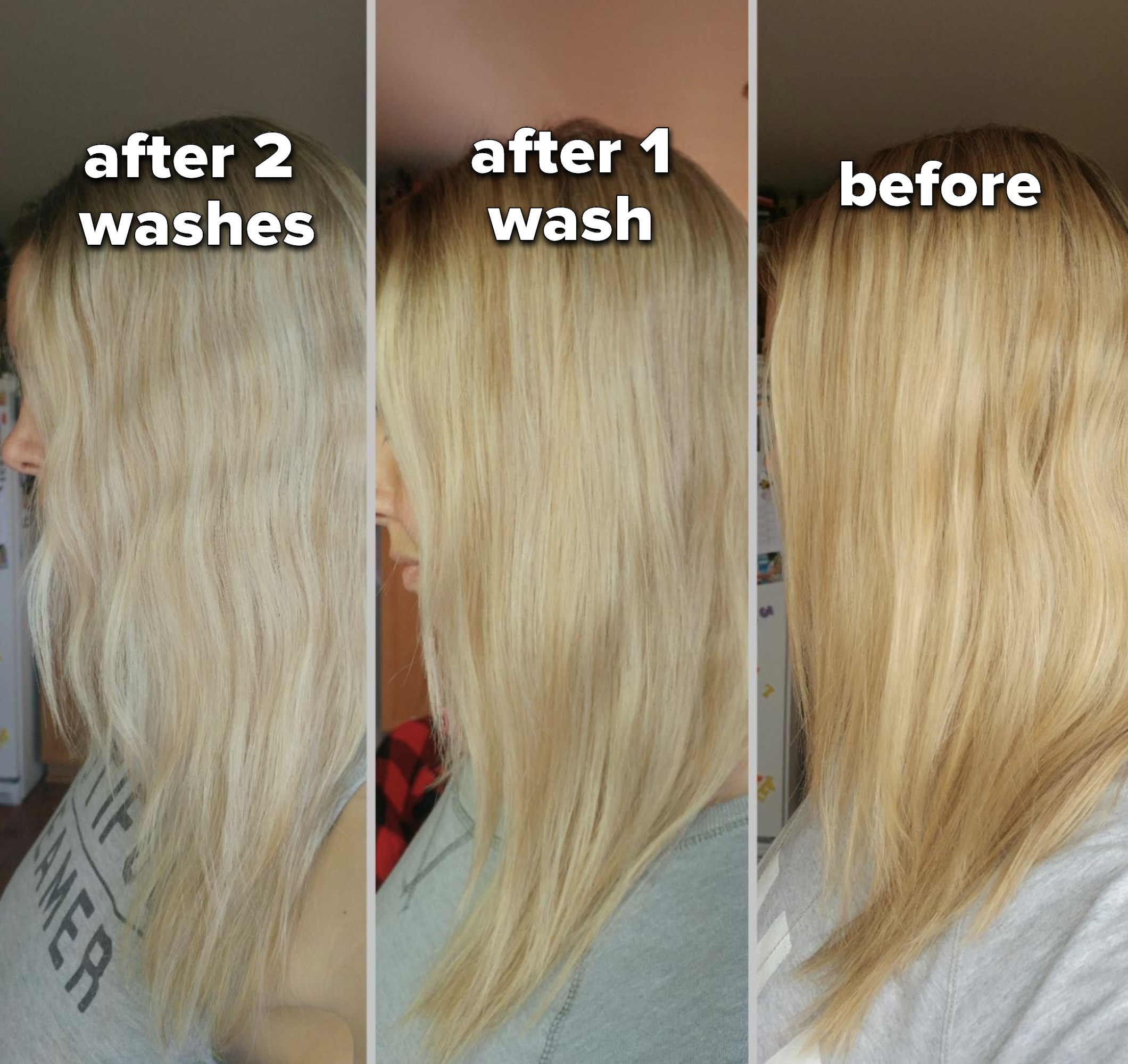 Three reviewer photos showing the progression after one wash and then two. The after photos get progressively lighter and less yellowish.