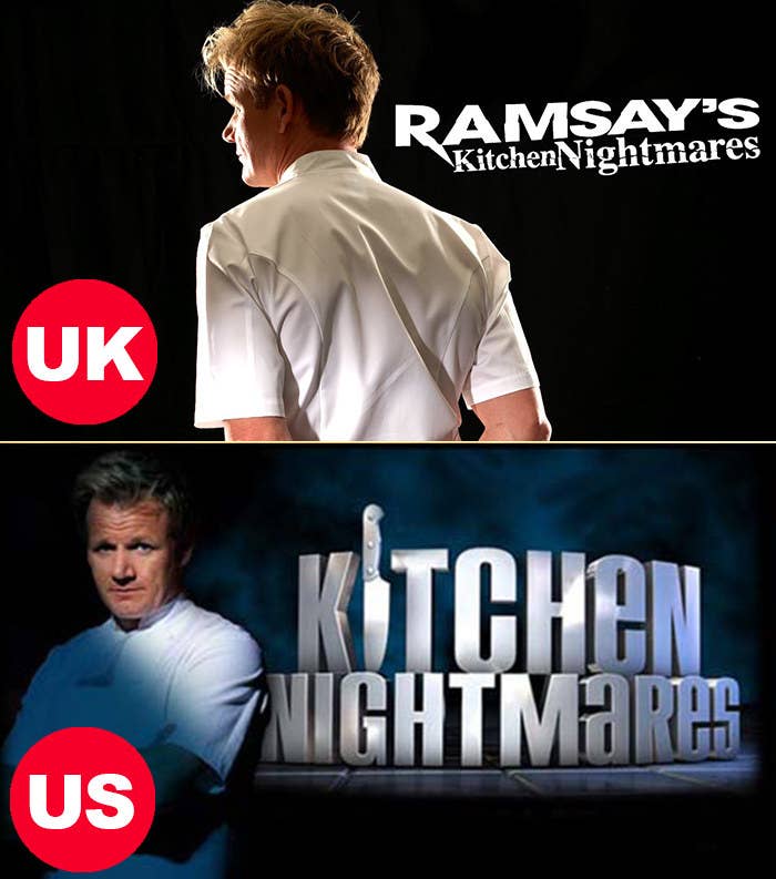 Side-by-side images of the UK Rasmay's Kitchen Nightmares logo and the US Kitchen Nightmares logo, both with Gordon Ramsay in a chef's coat