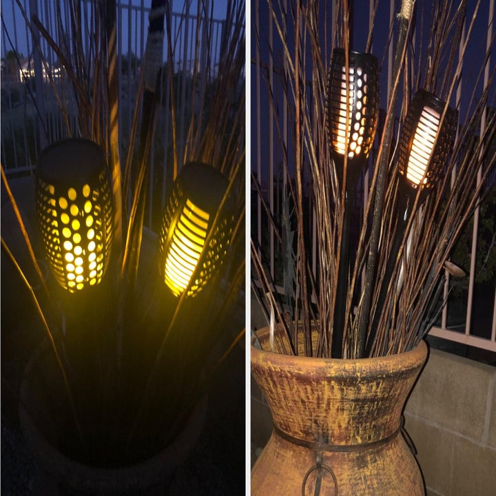 Side by side shot of solar tiki-lights in the dark and with light shined on them