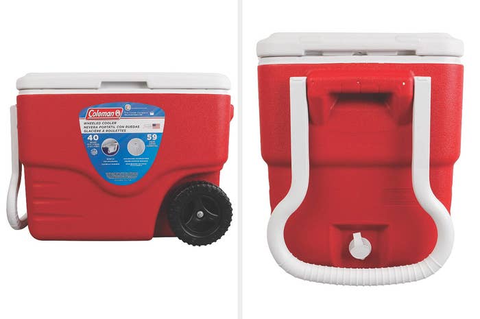 A side and front view of a red cooler with black wheels and a white handle and spout