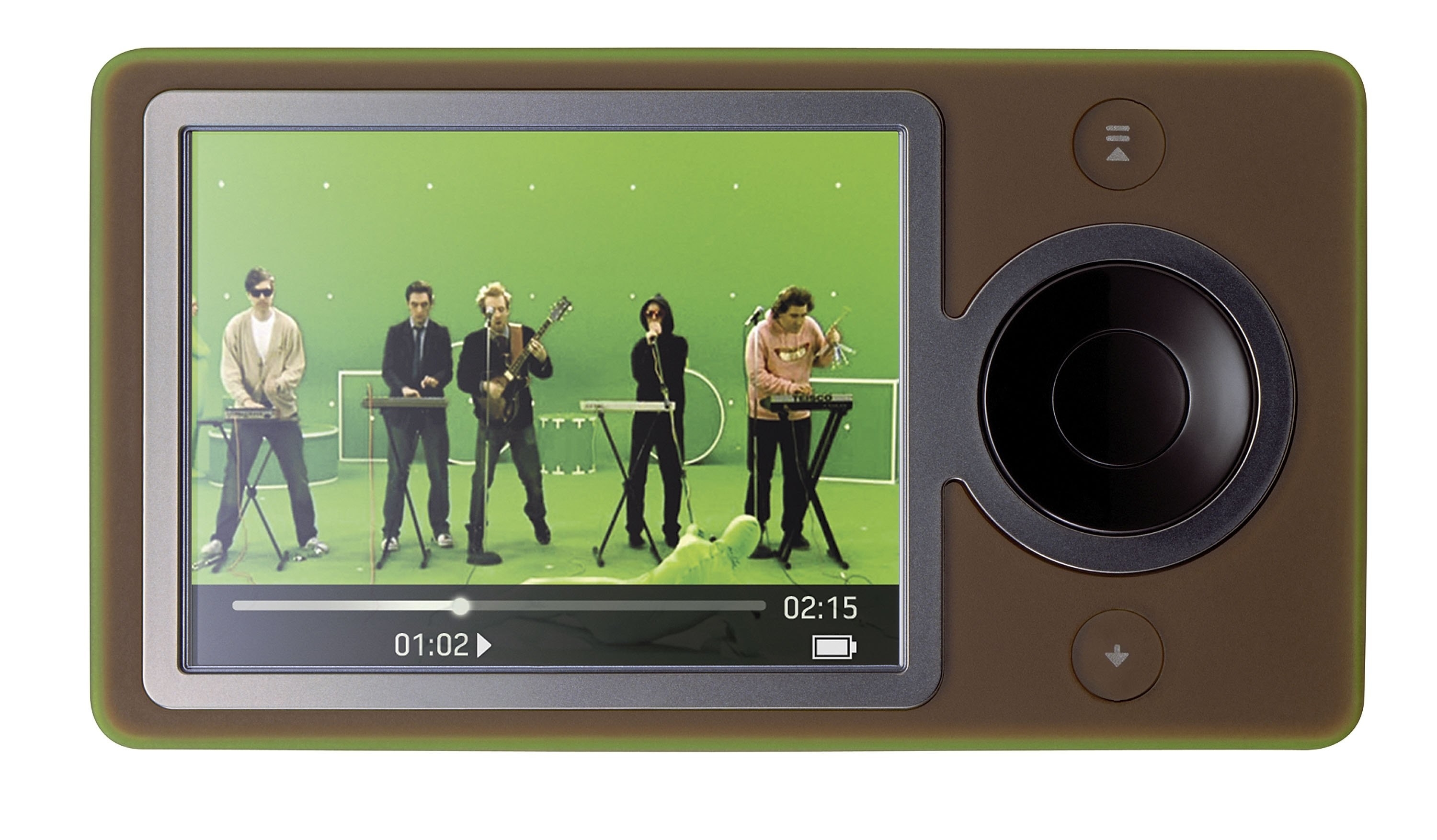 A brown Zune player on it&#x27;s side playing a video.