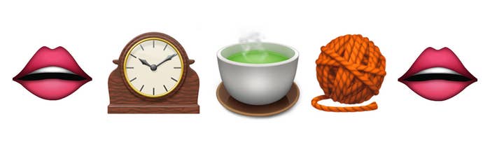 parted lips, clock, tea cup, yarn ball, and parted lips emojis