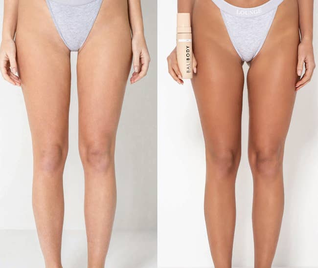 Model's before and after photo. The after photo shows a tanner, streak-free complexion