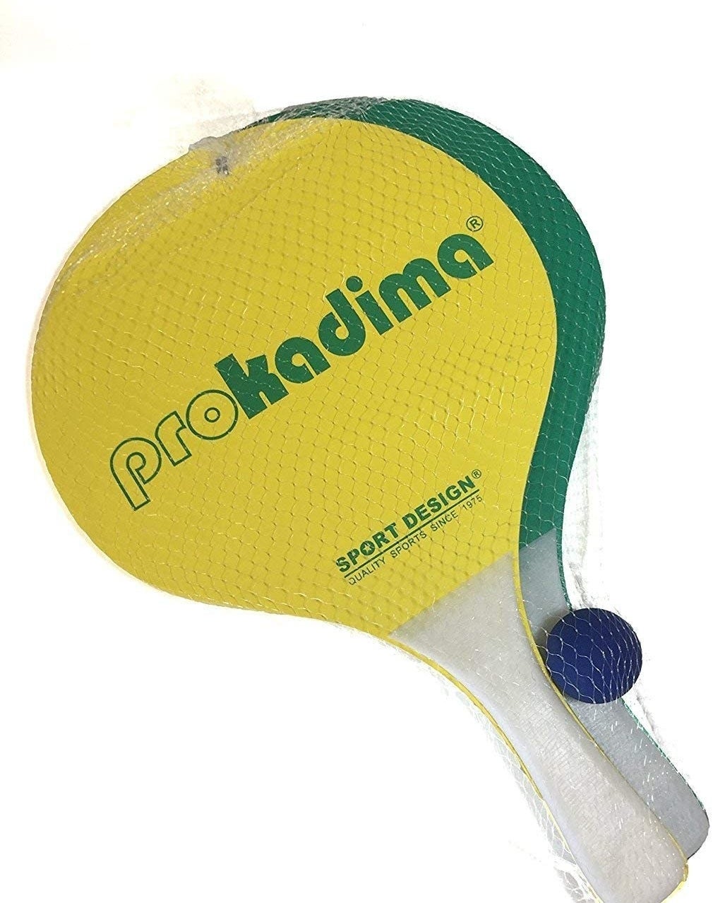 Yellow and green Pro Kadima paddles and blue ball packed in netting