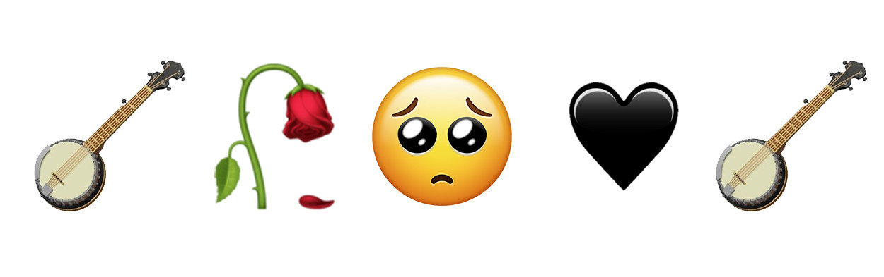 banjo, wilting rose, pleading eyes emoji, black heart, banjo