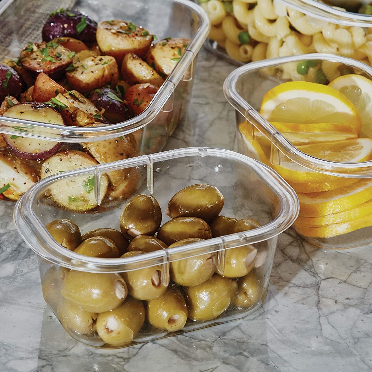 The containers filled with various kind of foods