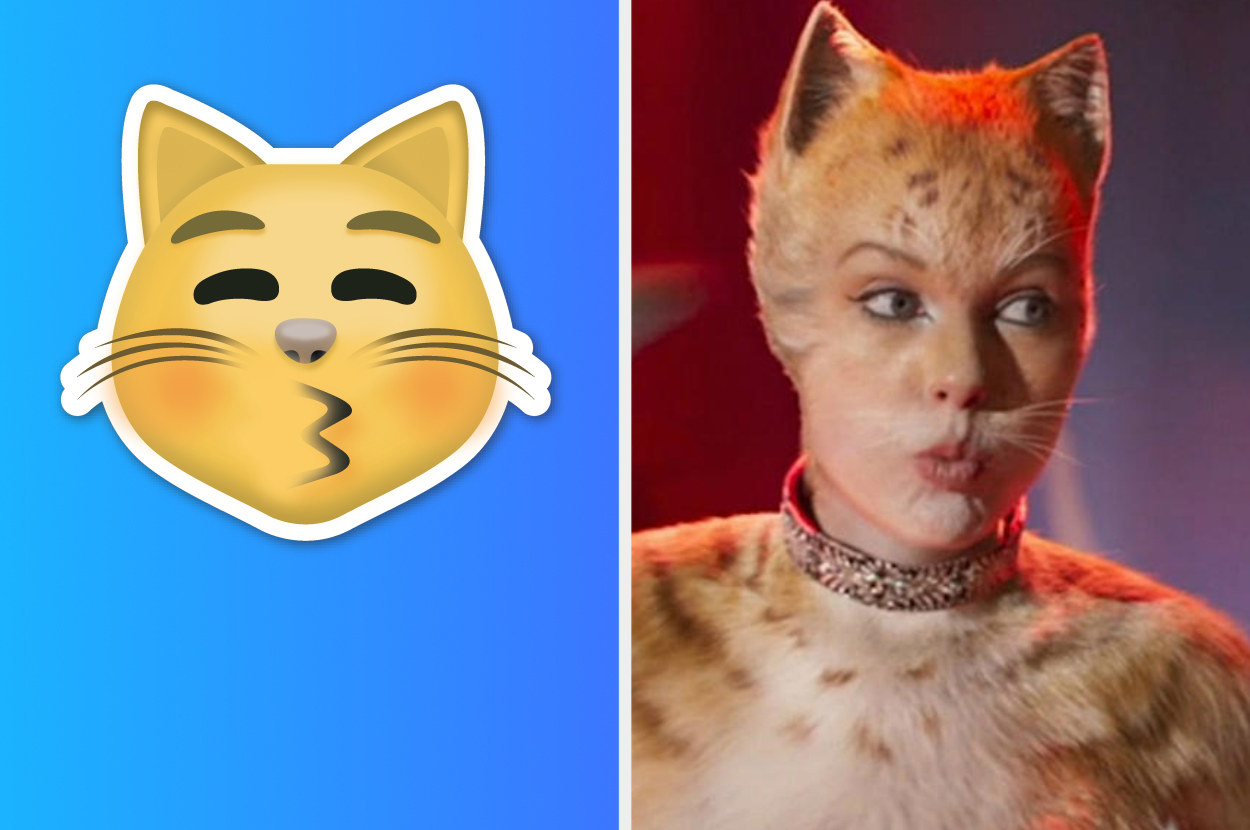 A cat emoji next to Taylor Swift in the movie music cats making a similar face 