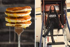 Pancakes and Nicki Minaj sitting outside of a private jet.
