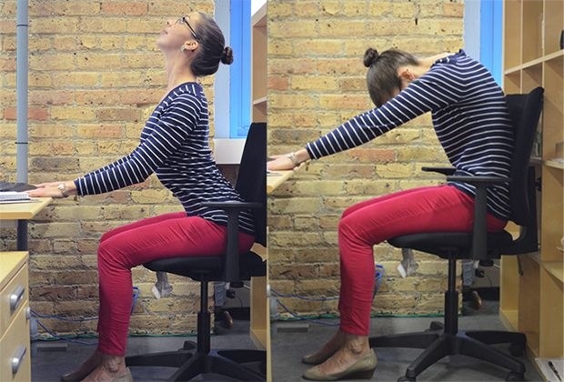 Two images of a woman doing the described cat-cow seated motions at her desk.
