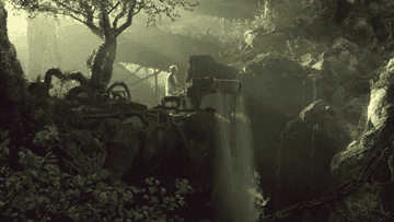 taylor swift playing piano alongside a water fall and lush trees