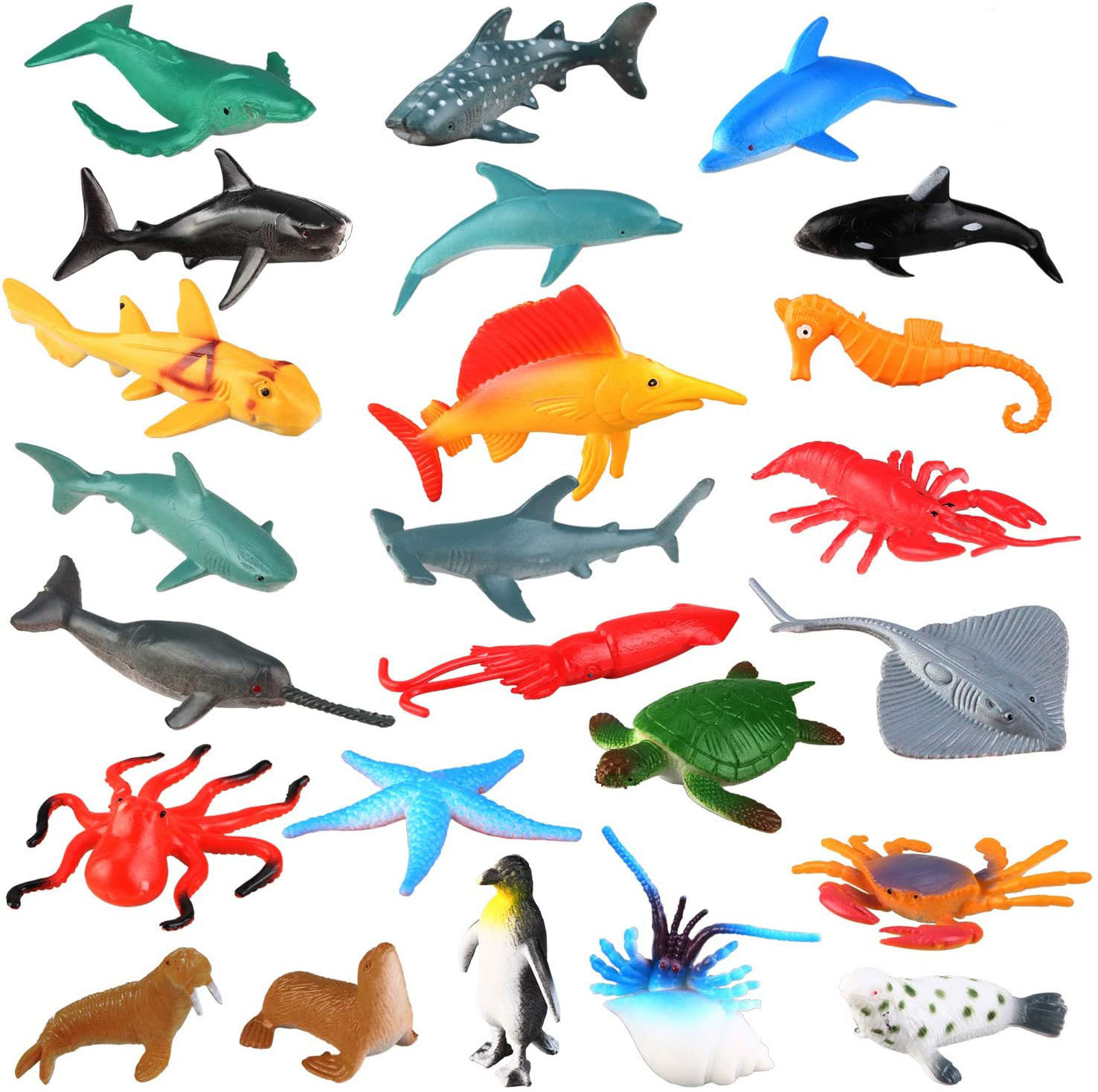 An array of brightly colored aquatic creature toys including fish, sharks, and more