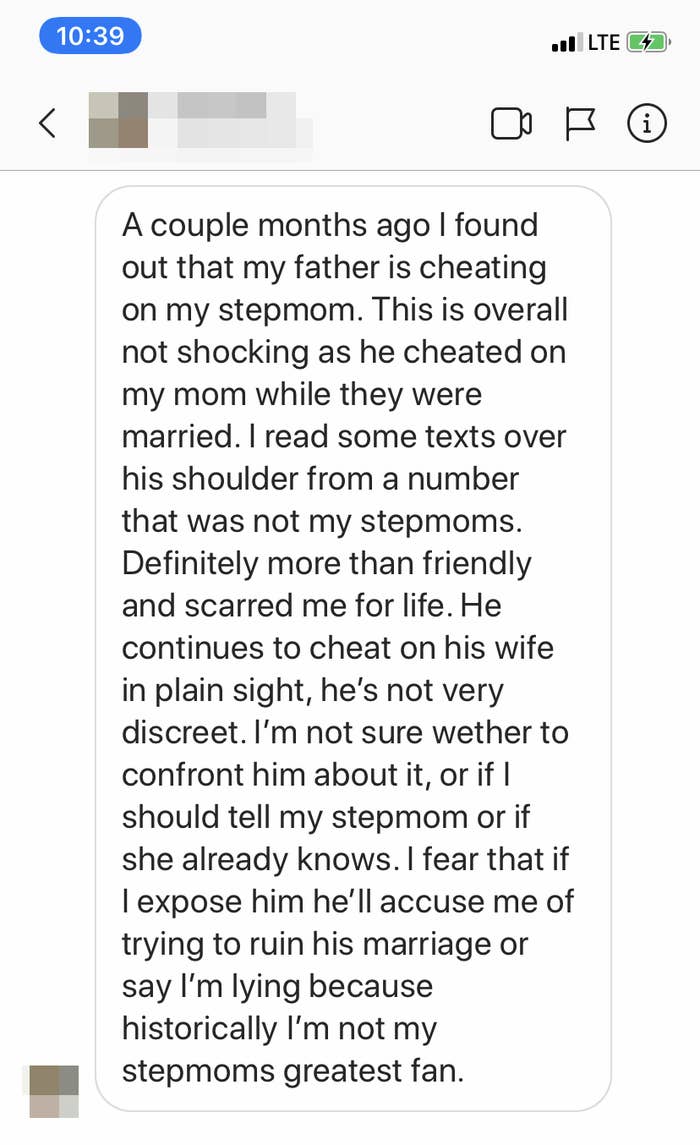 Screenshot of a DM from a woman who caught her father sexting another woman. She wants to know whether she should expose the affair to his wife, her stepmom, who she has a tense relationship with.
