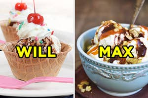 On the left, a sundae in a cone bowl with whipped cream, sprinkles, and a cherry on top with "Will" typed on top, and on the right, a sundae in a bowl topped with walnuts, caramel sauce and chocolate sauce with "Max" typed on top