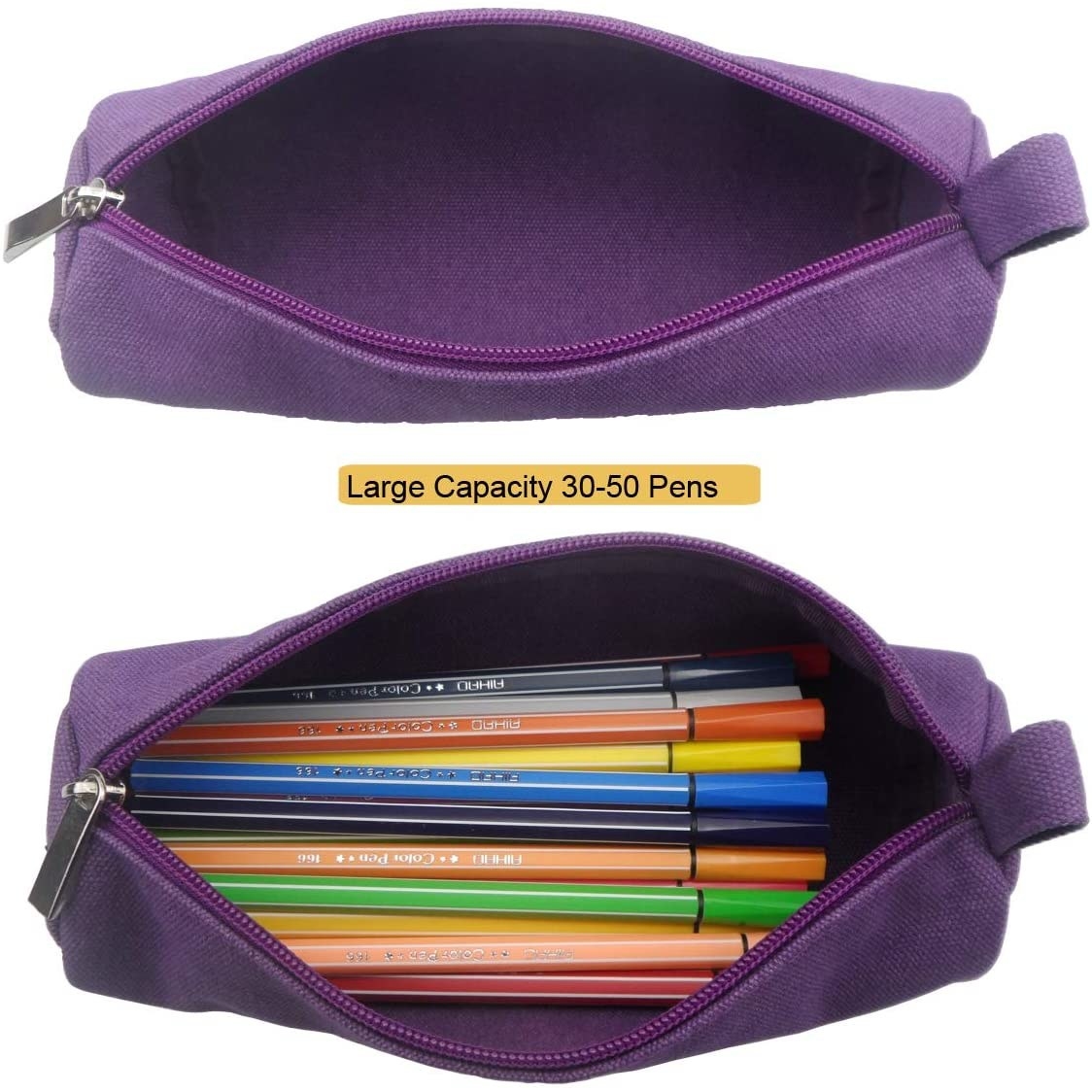 A pencil case unzippered showing the empty inside and one showing pens
