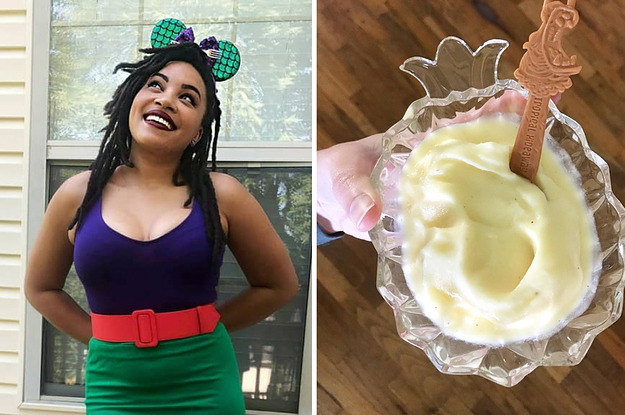 A woman smiles and poses in colorful, Ariel-themed clothes and mermaid scale Disney ears next to a hand holding a glass pineapple bowl full of a frozen pineapple dessert