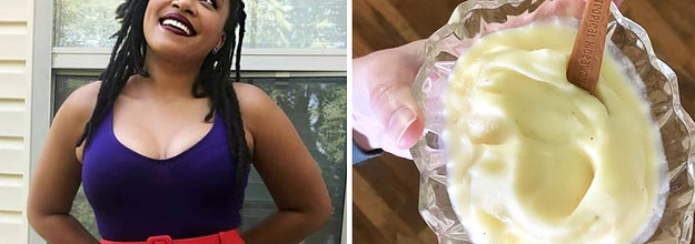 A woman smiles and poses in colorful, Ariel-themed clothes and mermaid scale Disney ears next to a hand holding a glass pineapple bowl full of a frozen pineapple dessert