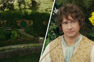 An image of a home in Hobbiton and Bilbo Baggins looking perplexed