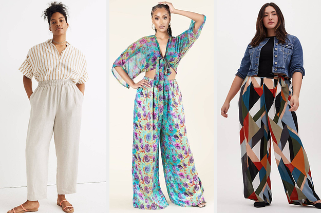 on the left a model in white elastic waist pants, in the middle a model in teal and purple patterned silk pants, on the right a model in geometric print wide-legged pants