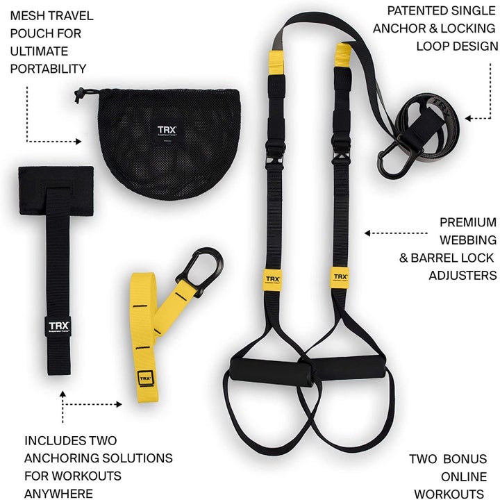 The TRX straps, pouch, and two anchoring solutions: a carabiner hook and a door anchor