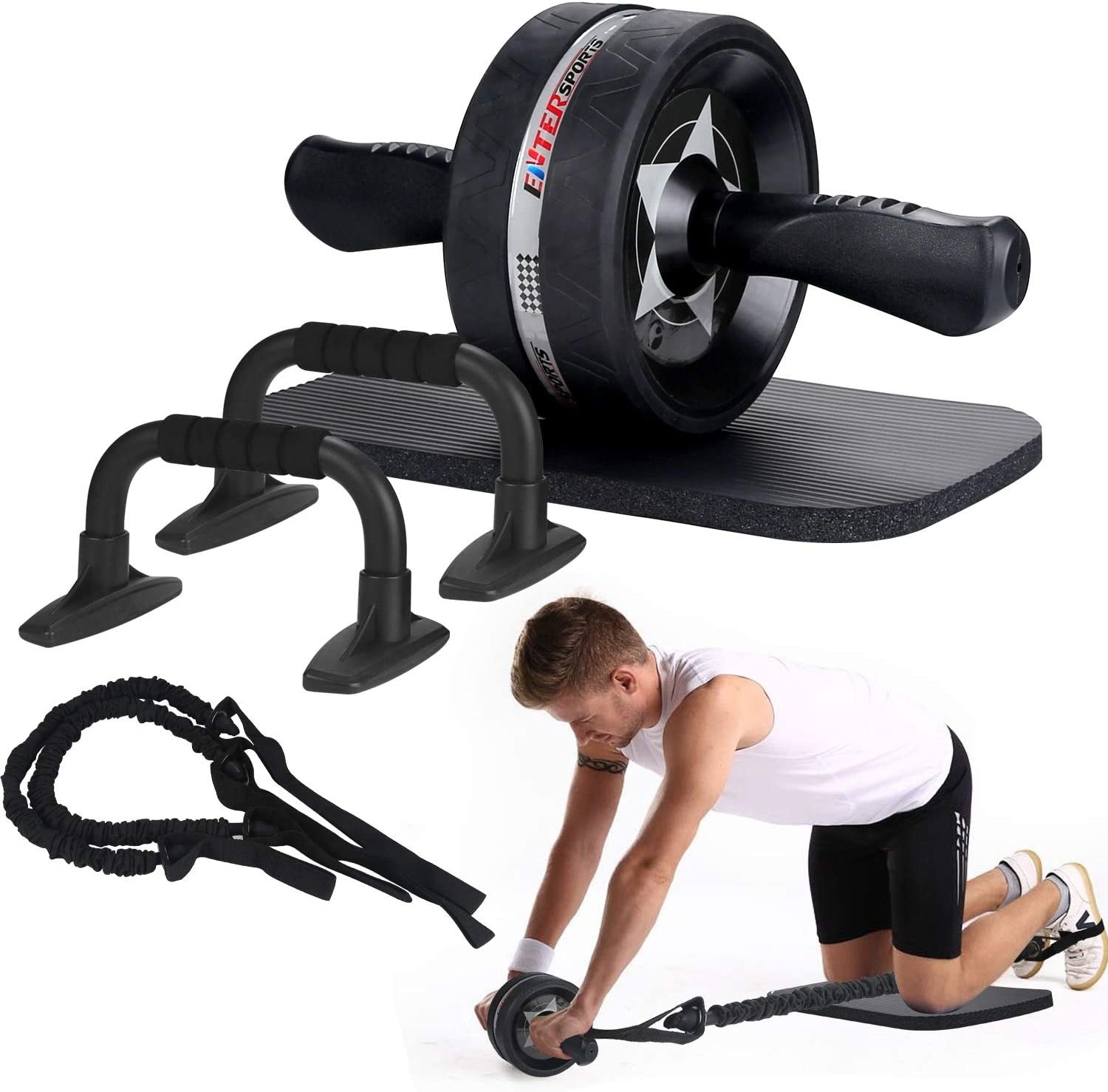The kit and a model kneeling on the pad with their feet looped into the resistance bands, which are attached to the ab roller