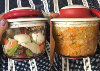 Reviewer before and after photos showing roughly chopped veggies in the chopper next to the same veggies finely minced by the chopper