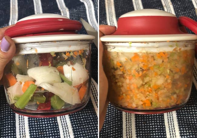 Reviewer before and after showing roughly chopped veggies finely minced by the chopper